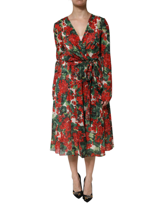 Dolce &amp; Gabbana – Mehrfarbiges, geblümtes Kleid mit langen Ärmeln und V-Ausschnitt