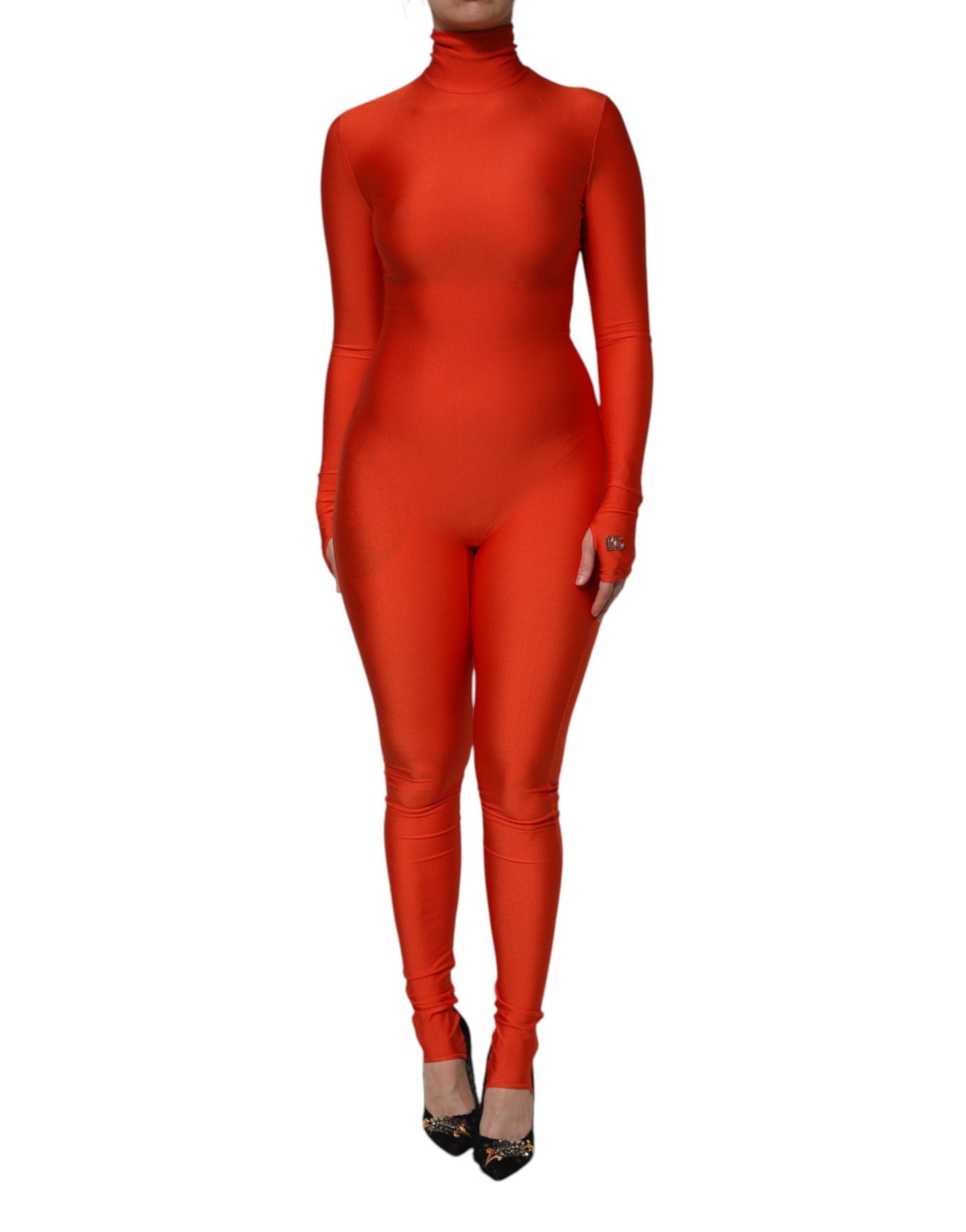 Dolce &amp; Gabbana, rotes, figurbetontes Jumpsuit-Kleid aus Nylon mit Rollkragen