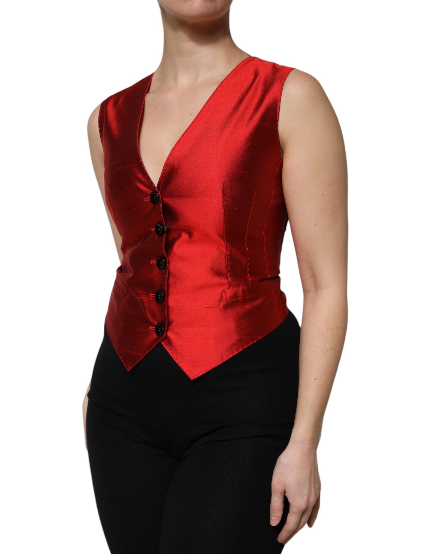 Dolce &amp; Gabbana Rot-Schwarzes ärmelloses Westentop mit Knopfleiste