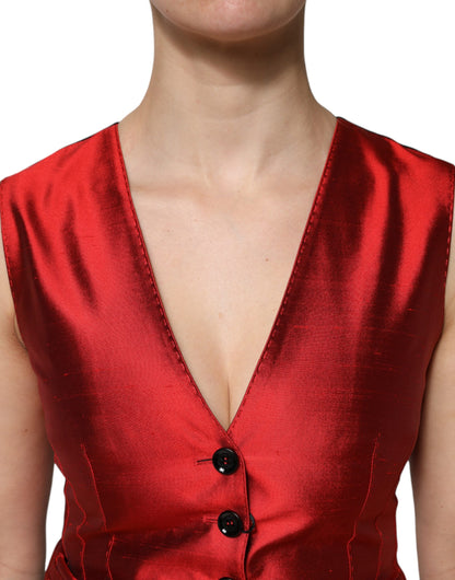 Dolce &amp; Gabbana Rot-Schwarzes ärmelloses Westentop mit Knopfleiste