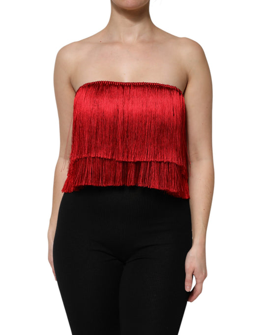 Dolce &amp; Gabbana – Trägerloses, kurzes Tube-Top aus Seide mit Fransen in Rot