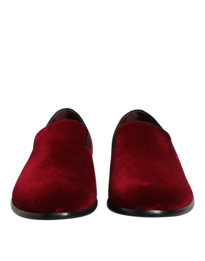 Dolce &amp; Gabbana Red Cotton Velvet Slip On Loafers Formal Shoes