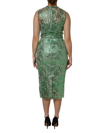 Dolce &amp; Gabbana – Grünes Midi-Etuikleid aus geblümter Baumwolle mit Spitze