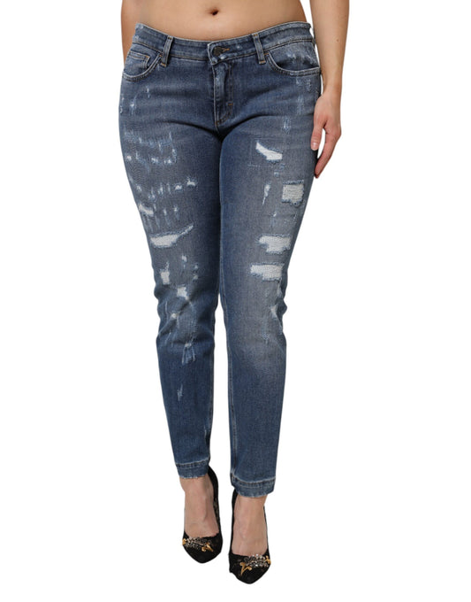 Dolce &amp; Gabbana – Blaue, zerfetzte Jeans aus Baumwolle mit niedriger Taille