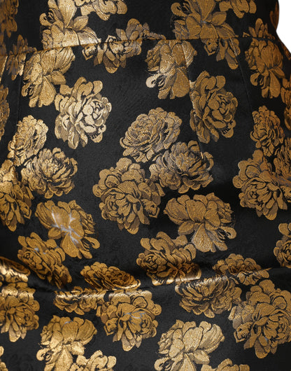 Dolce &amp; Gabbana – Schwarz-goldener Jacquard-Minirock mit Blumendruck
