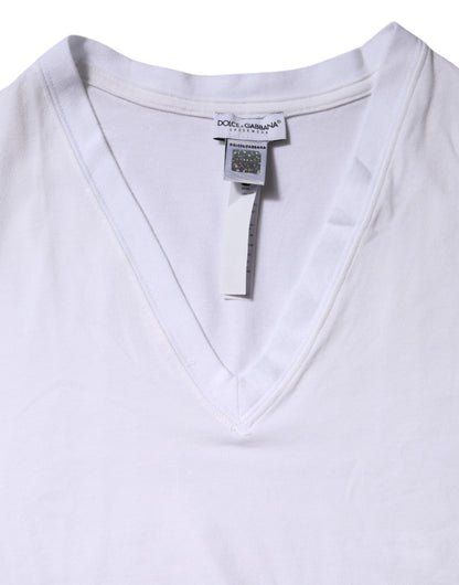 Dolce &amp; Gabbana – Weißes T-Shirt aus Baumwolle mit kurzen Ärmeln und V-Ausschnitt