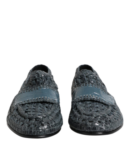 Dolce &amp; Gabbana Blue Woven Leather Slip On Loafers Shoes