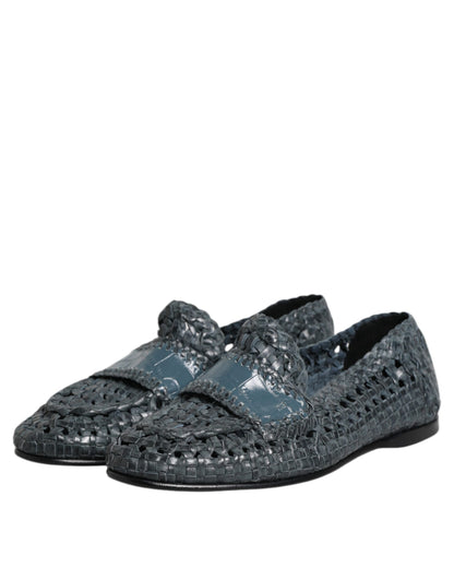 Dolce &amp; Gabbana Blue Woven Leather Slip On Loafers Shoes