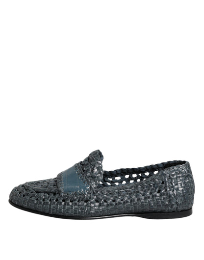 Dolce &amp; Gabbana Blue Woven Leather Slip On Loafers Shoes
