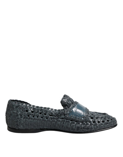 Dolce &amp; Gabbana Blue Woven Leather Slip On Loafers Shoes