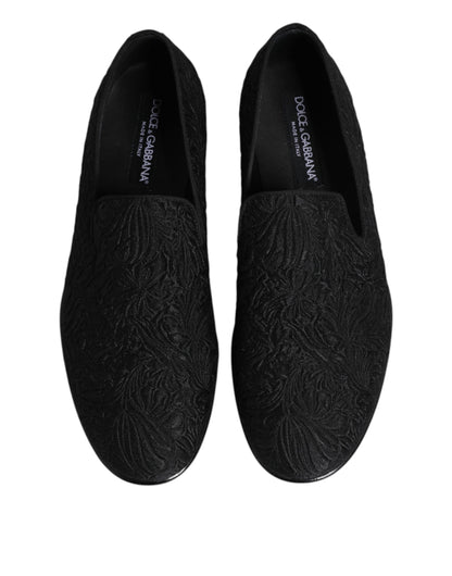 Dolce &amp; Gabbana Black Jacquard Slip On Loafers Formal Shoes