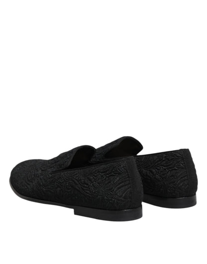 Dolce &amp; Gabbana Black Jacquard Slip On Loafers Formal Shoes