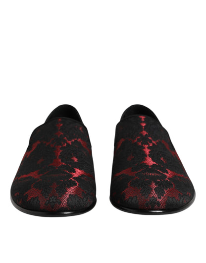 Dolce &amp; Gabbana Red Black Jacquard Slip On Loafers Shoes