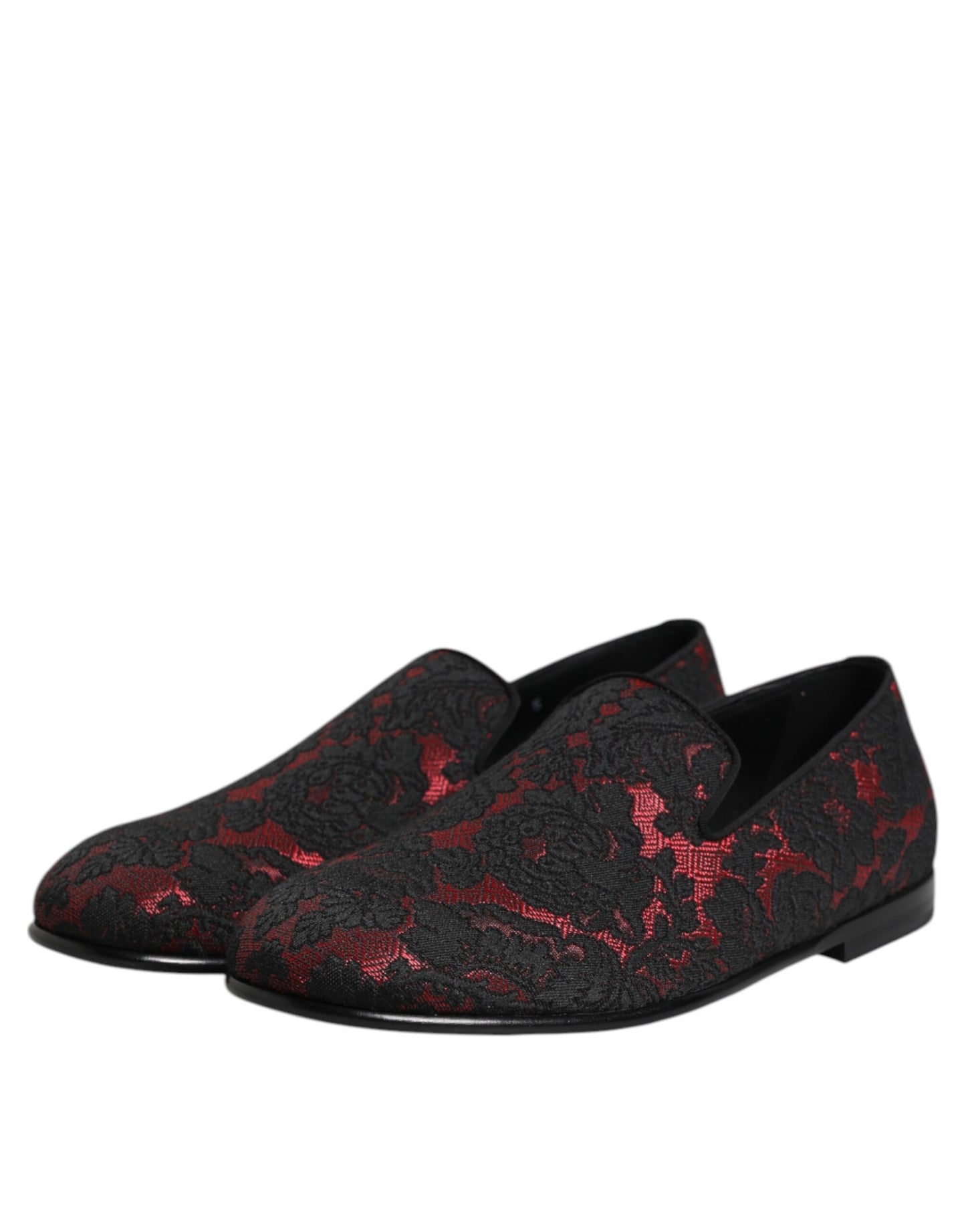 Dolce &amp; Gabbana Red Black Jacquard Slip On Loafers Shoes