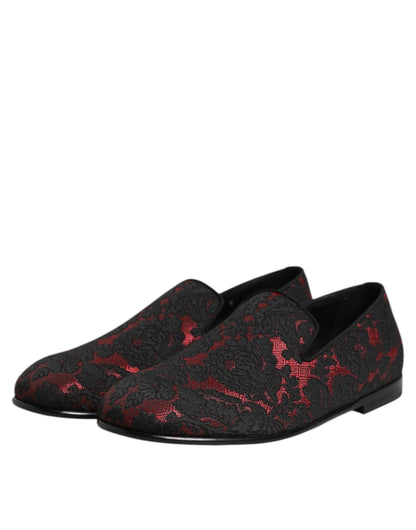 Dolce &amp; Gabbana Red Black Jacquard Slip On Loafers Shoes