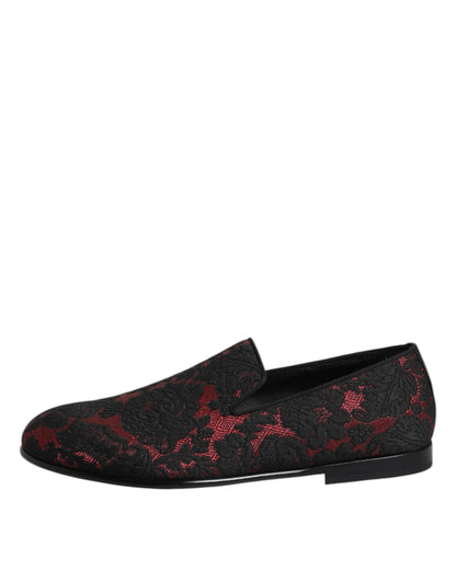 Dolce &amp; Gabbana Red Black Jacquard Slip On Loafers Shoes