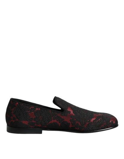 Dolce &amp; Gabbana Red Black Jacquard Slip On Loafers Shoes