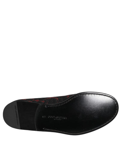 Dolce &amp; Gabbana Red Black Jacquard Slip On Loafers Shoes