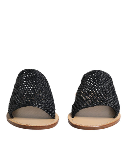 Dolce &amp; Gabbana – Schwarze, einfarbige Slider-Schuhe aus geflochtenem Bast