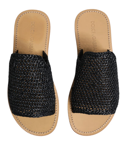 Dolce &amp; Gabbana – Schwarze, einfarbige Slider-Schuhe aus geflochtenem Bast