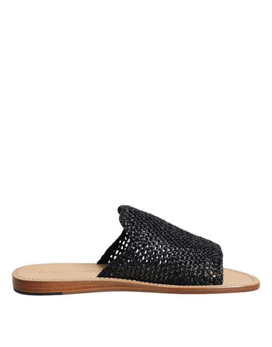 Dolce &amp; Gabbana – Schwarze, einfarbige Slider-Schuhe aus geflochtenem Bast
