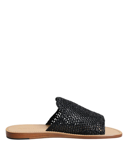 Dolce &amp; Gabbana – Schwarze, einfarbige Slider-Schuhe aus geflochtenem Bast