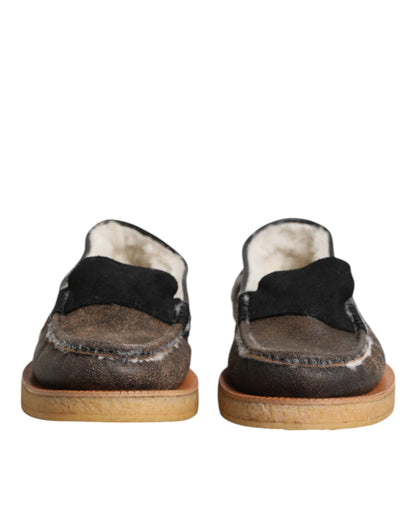 Dolce &amp; Gabbana Brown White Calfskin Leather Loafers Shoes