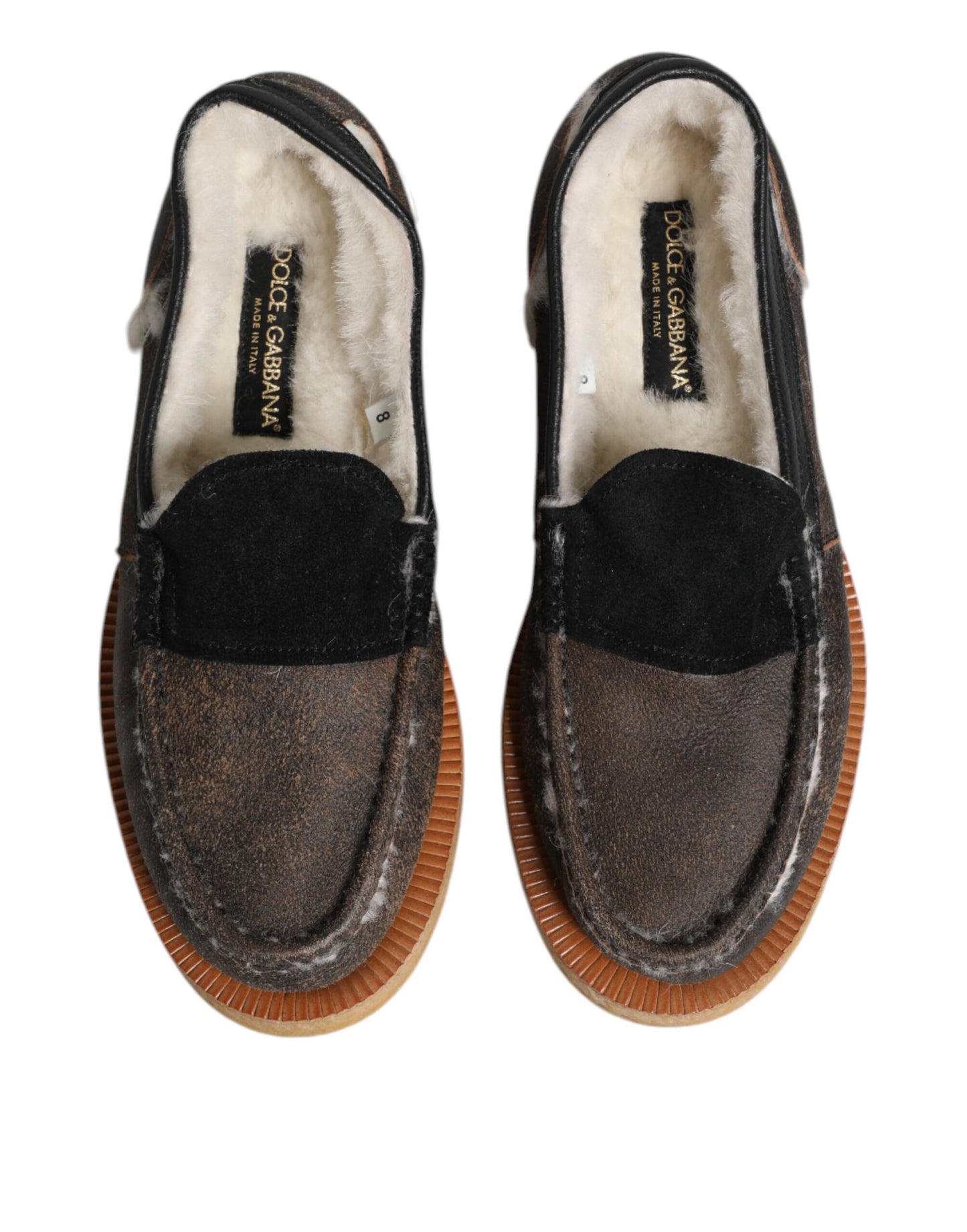 Dolce &amp; Gabbana Brown White Calfskin Leather Loafers Shoes