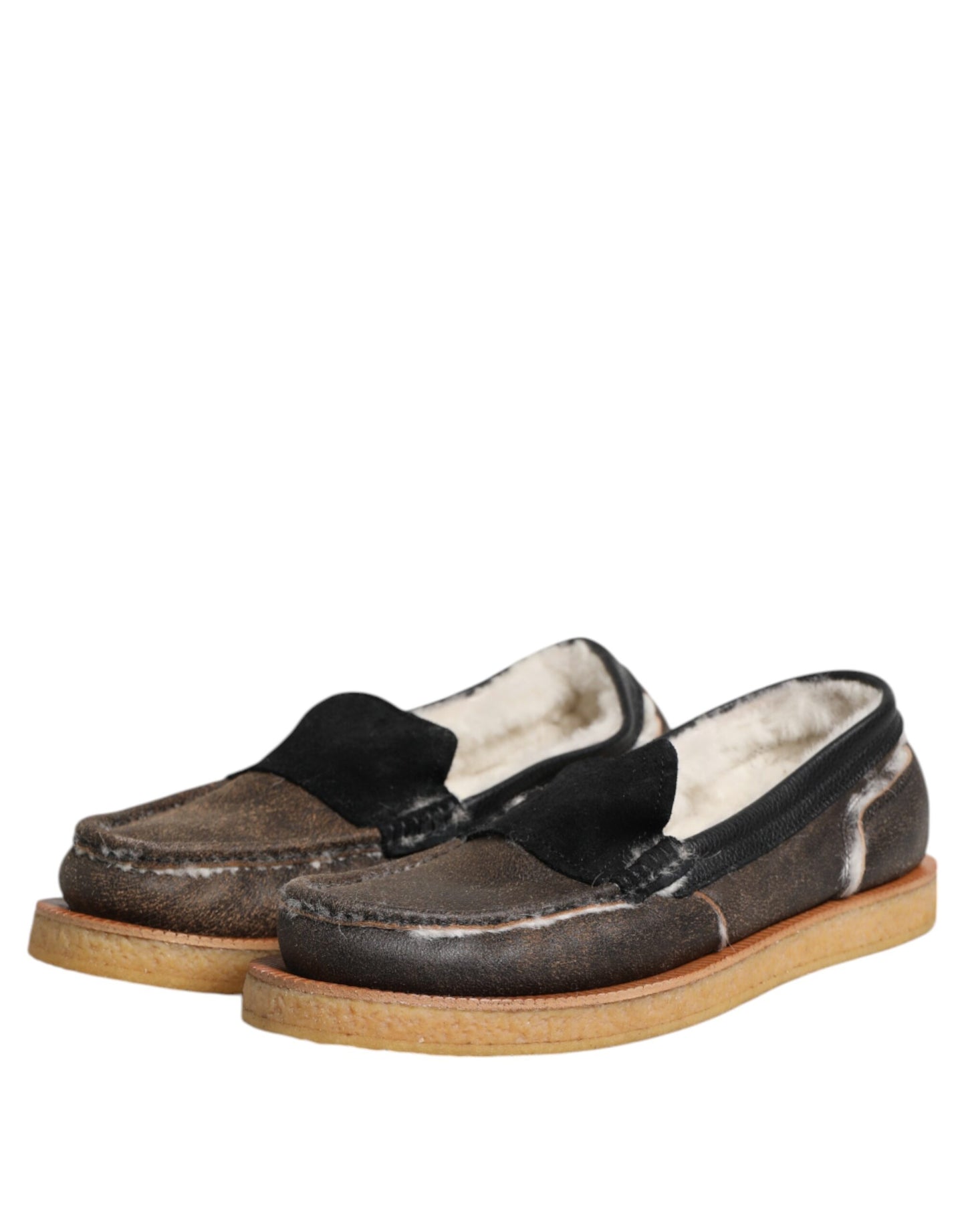 Dolce &amp; Gabbana Brown White Calfskin Leather Loafers Shoes