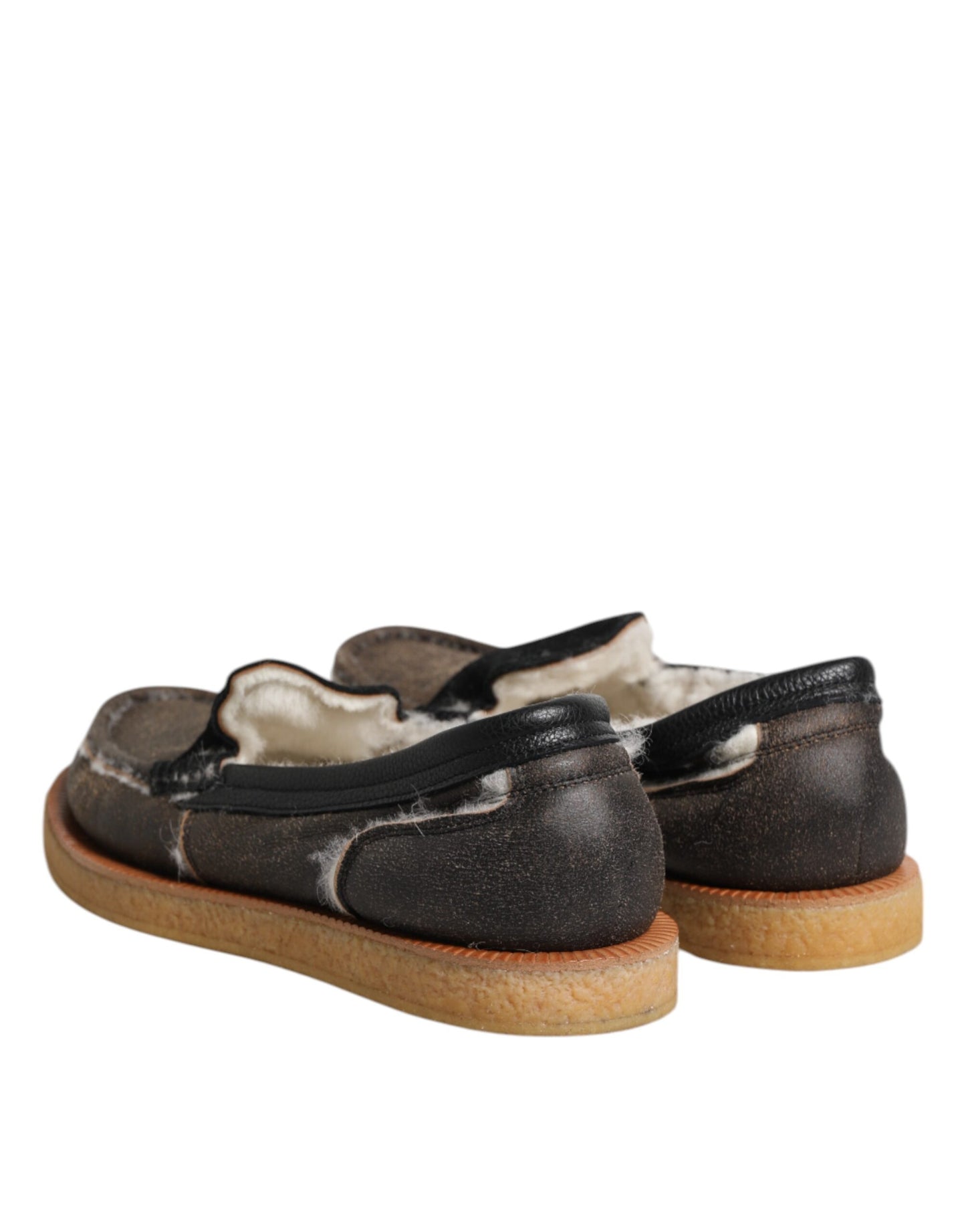 Dolce &amp; Gabbana Brown White Calfskin Leather Loafers Shoes