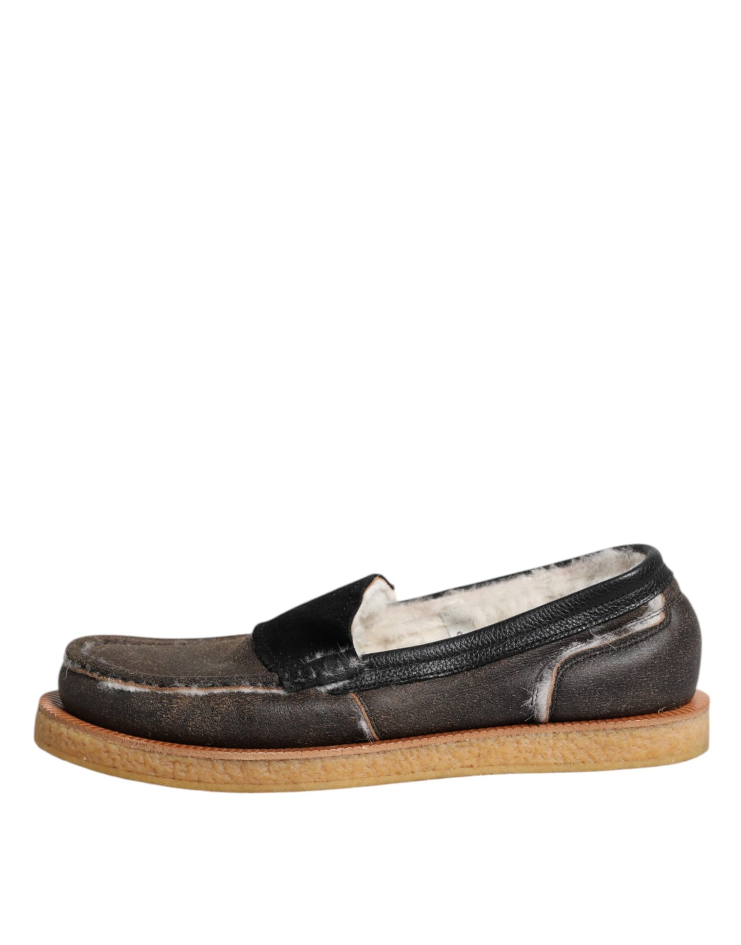 Dolce &amp; Gabbana Brown White Calfskin Leather Loafers Shoes