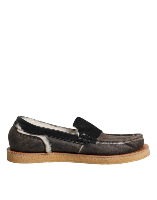 Dolce &amp; Gabbana Brown White Calfskin Leather Loafers Shoes