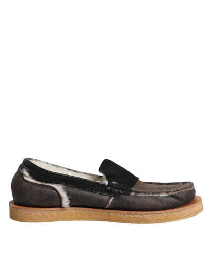 Dolce &amp; Gabbana Brown White Calfskin Leather Loafers Shoes