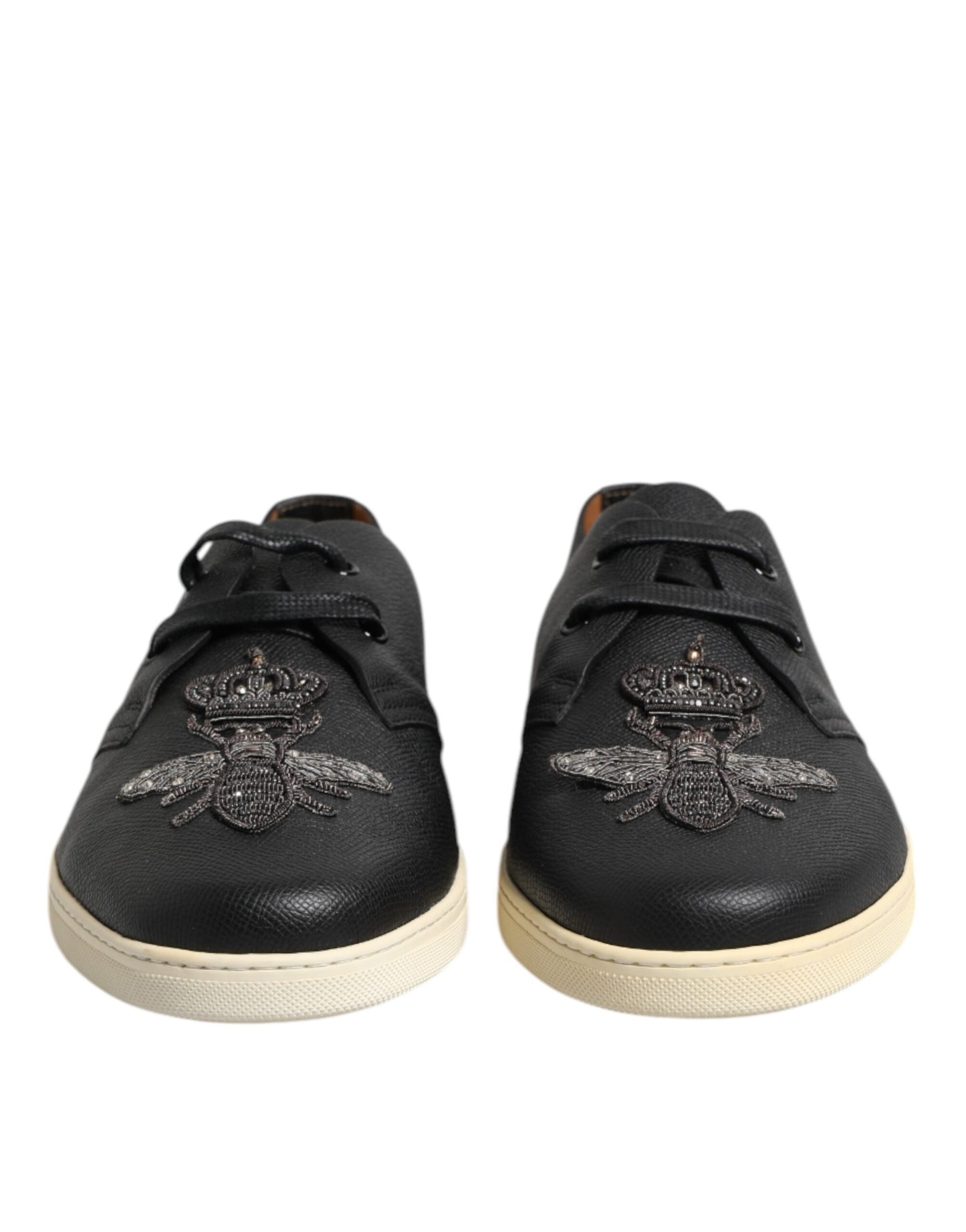 Dolce &amp; Gabbana Black Leather Bee Crown Low Top Sneakers Shoes