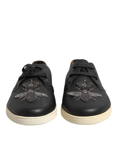 Dolce &amp; Gabbana Black Leather Bee Crown Low Top Sneakers Shoes