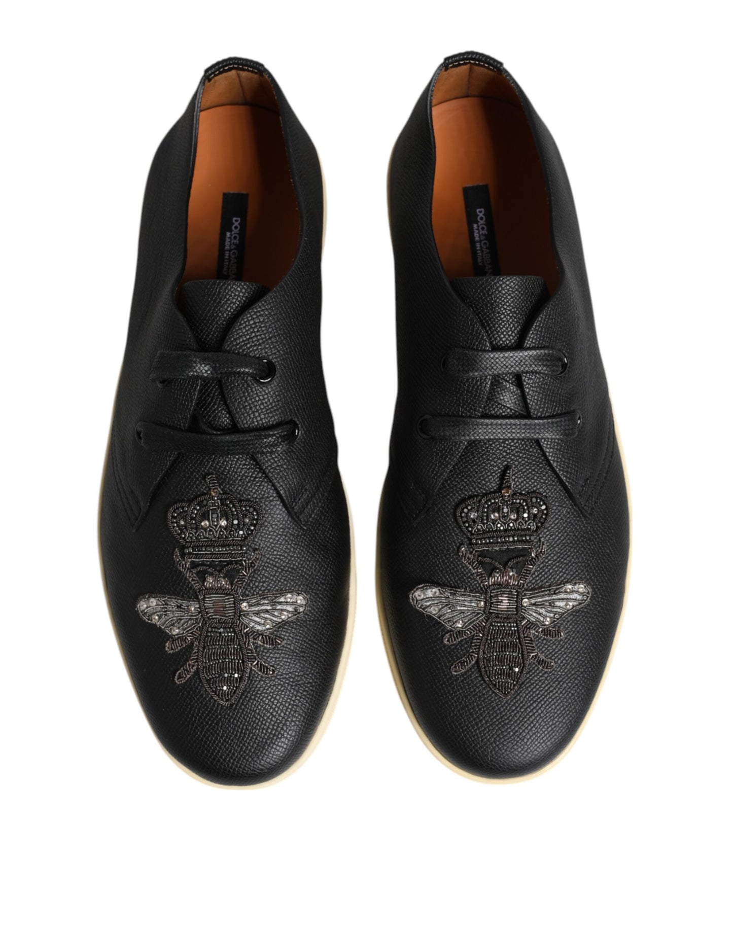 Dolce &amp; Gabbana Black Leather Bee Crown Low Top Sneakers Shoes
