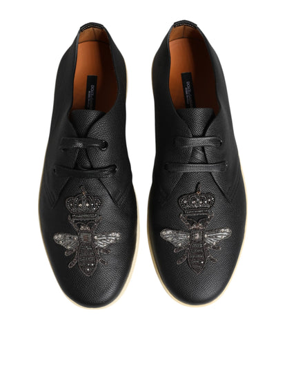 Dolce &amp; Gabbana Black Leather Bee Crown Low Top Sneakers Shoes