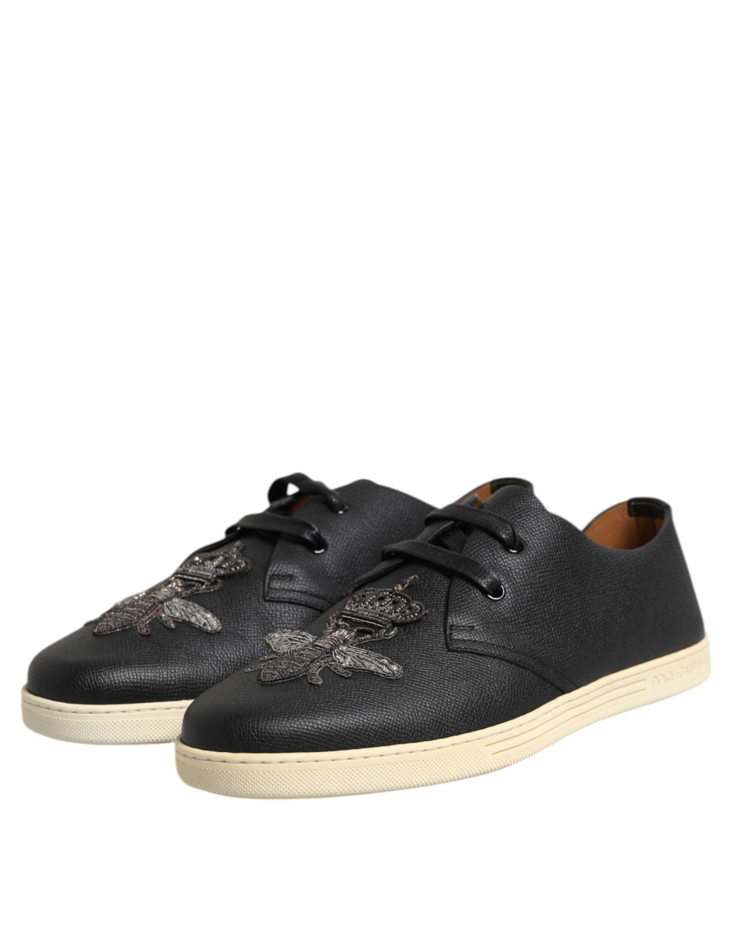 Dolce &amp; Gabbana Black Leather Bee Crown Low Top Sneakers Shoes
