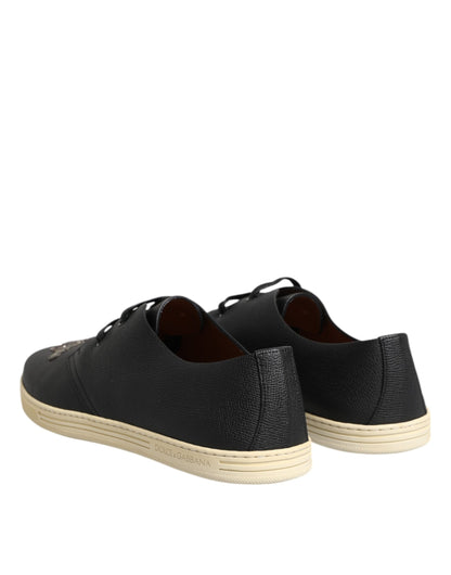 Dolce &amp; Gabbana Black Leather Bee Crown Low Top Sneakers Shoes