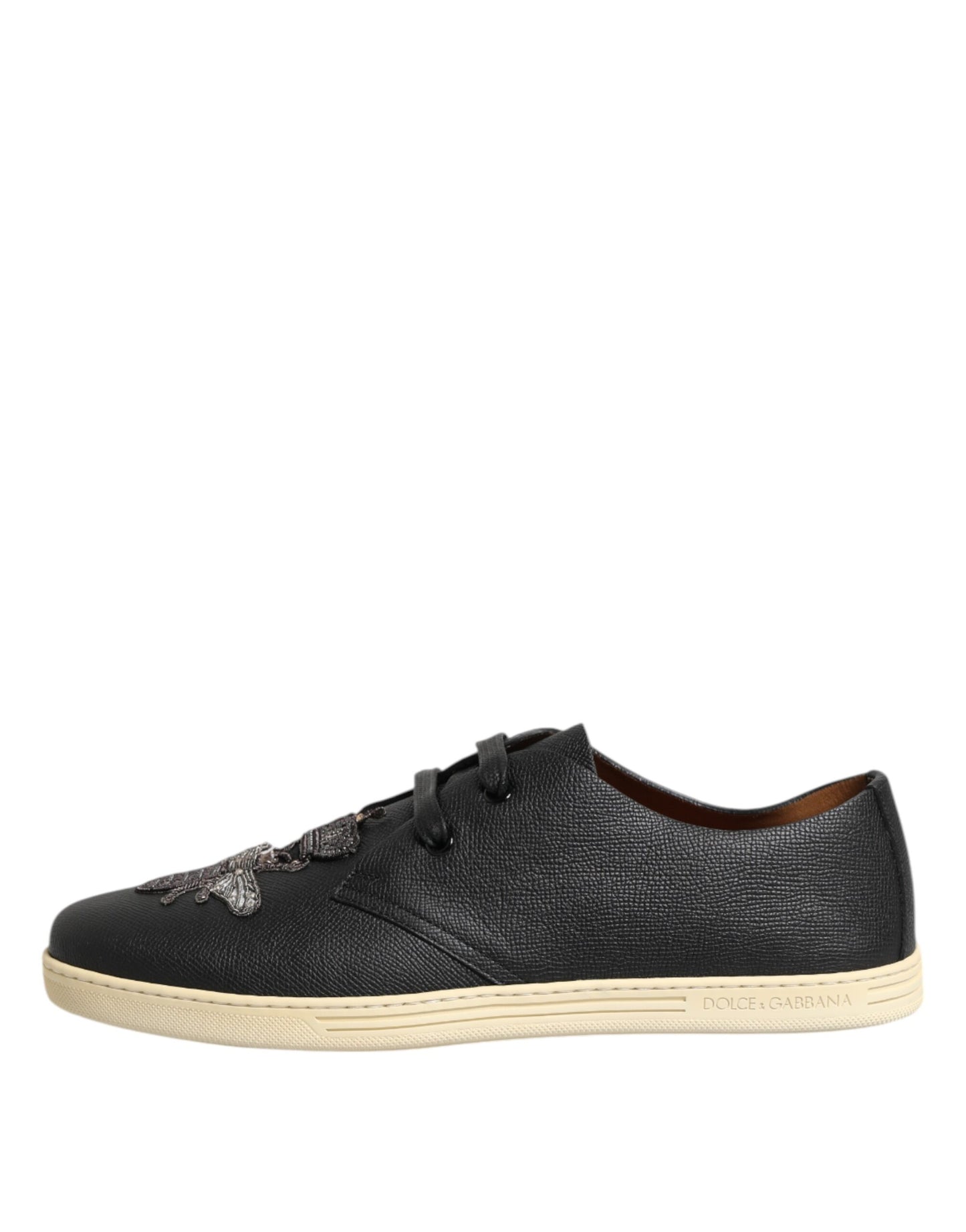 Dolce &amp; Gabbana Black Leather Bee Crown Low Top Sneakers Shoes