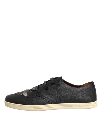 Dolce &amp; Gabbana Black Leather Bee Crown Low Top Sneakers Shoes
