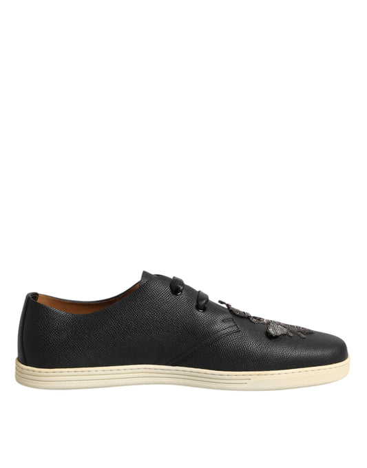 Dolce &amp; Gabbana Black Leather Bee Crown Low Top Sneakers Shoes