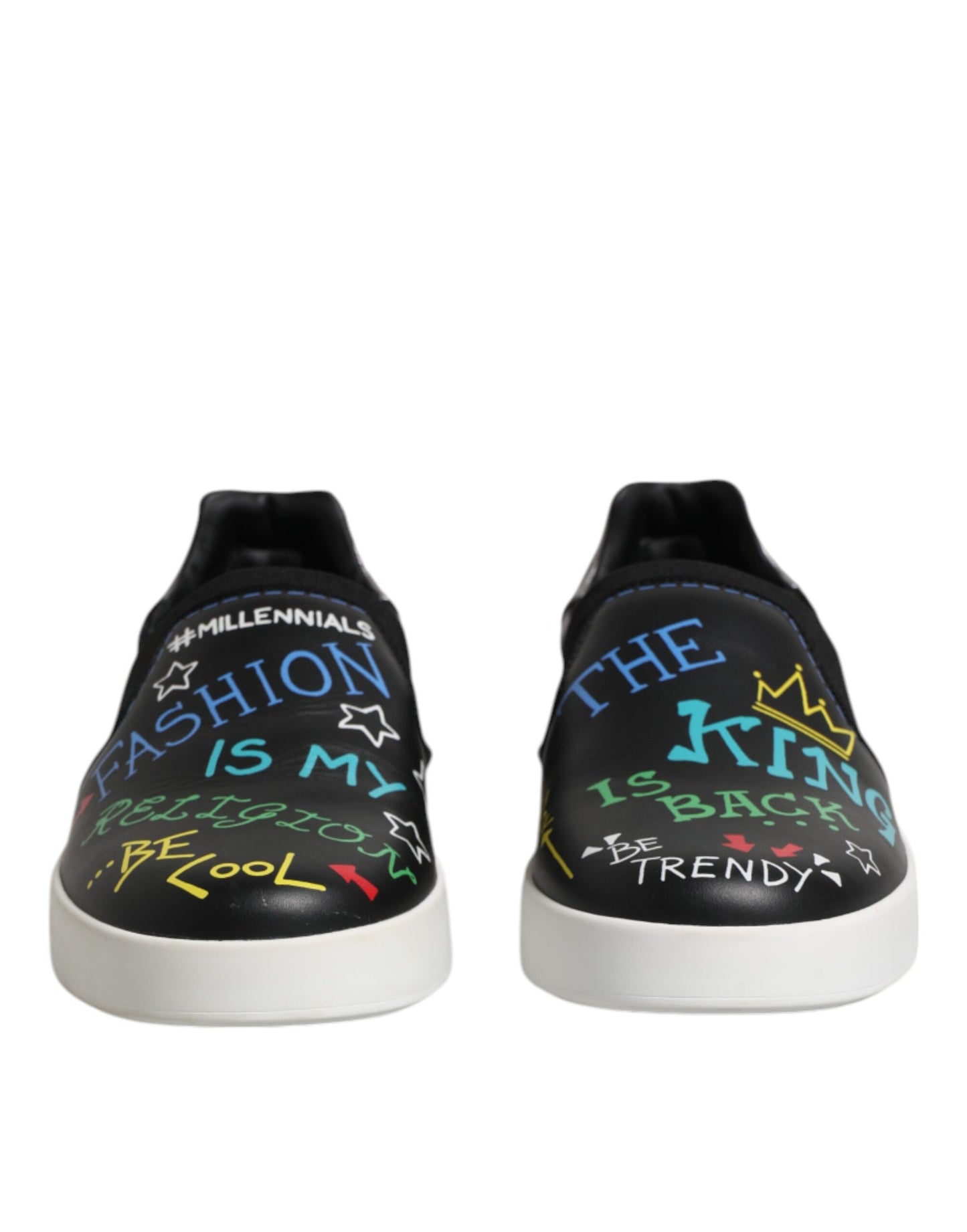 Dolce &amp; Gabbana Black Leather Studded Graffiti Sneakers Shoes