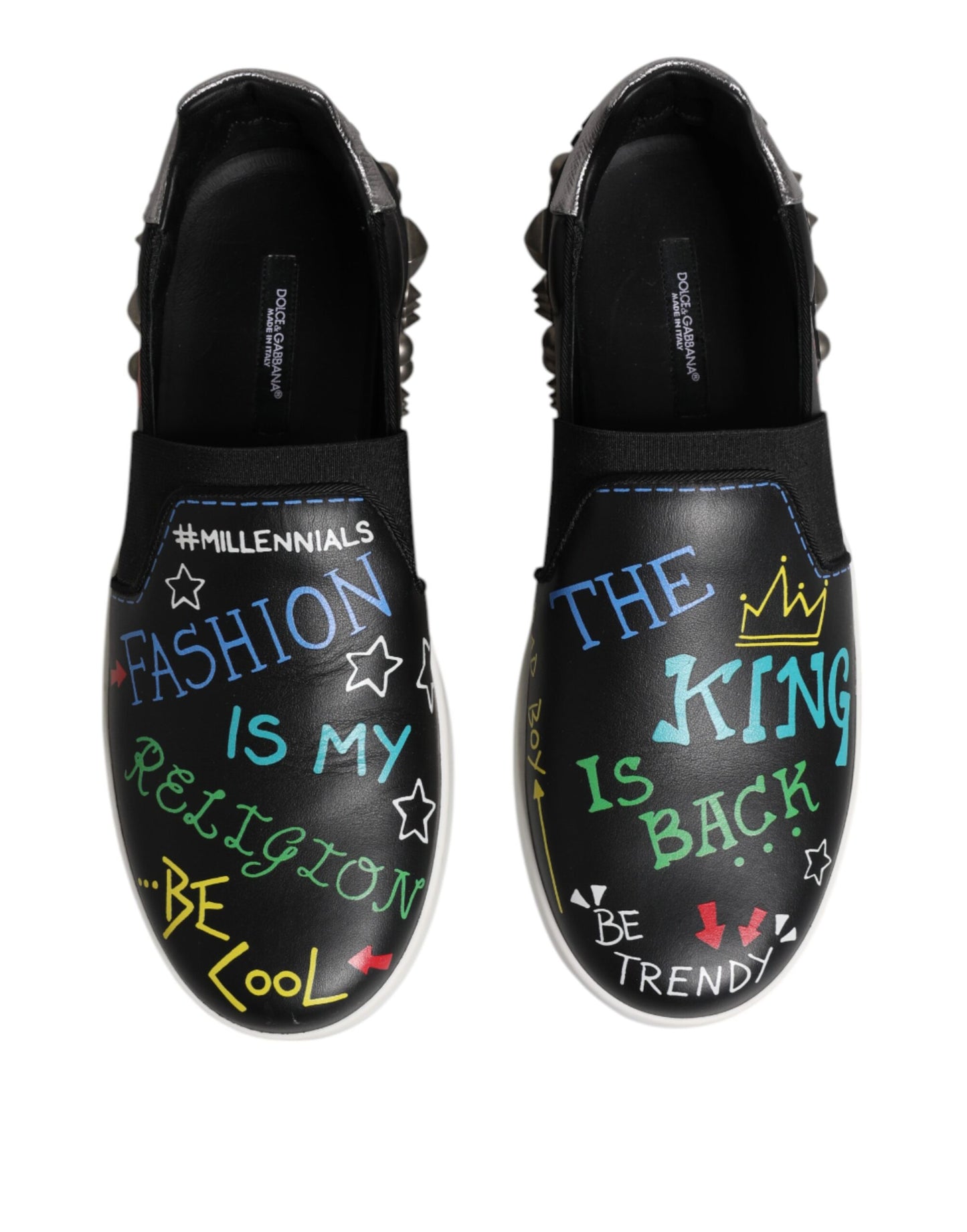 Dolce &amp; Gabbana Black Leather Studded Graffiti Sneakers Shoes