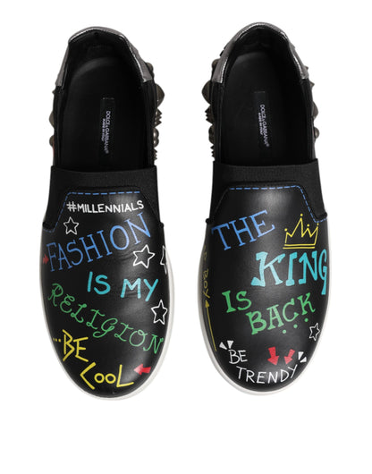 Dolce &amp; Gabbana Black Leather Studded Graffiti Sneakers Shoes