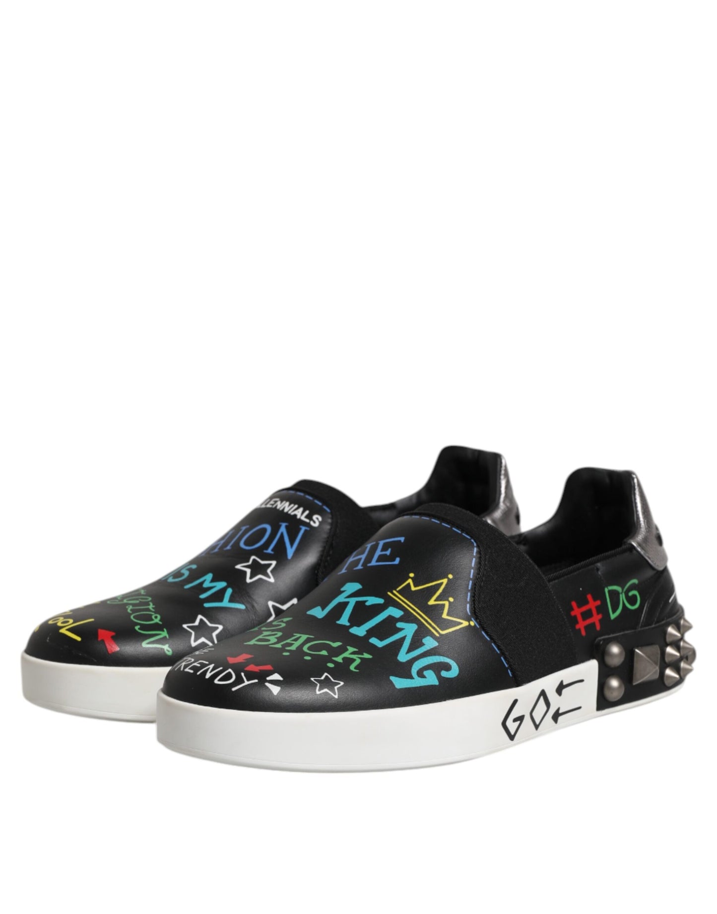 Dolce &amp; Gabbana Black Leather Studded Graffiti Sneakers Shoes