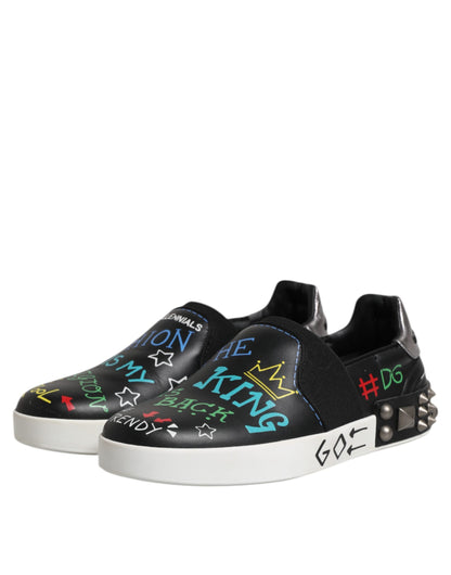Dolce &amp; Gabbana Black Leather Studded Graffiti Sneakers Shoes