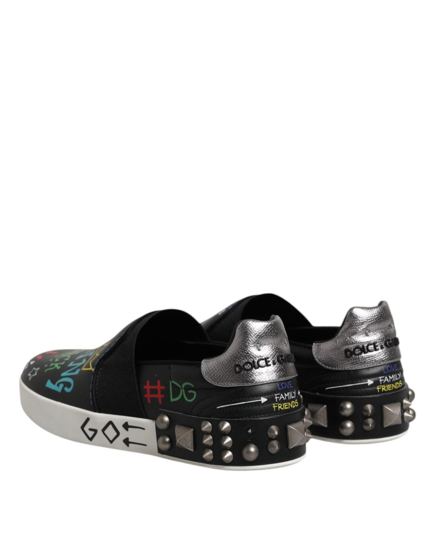 Dolce &amp; Gabbana Black Leather Studded Graffiti Sneakers Shoes