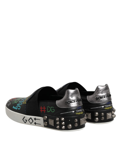 Dolce &amp; Gabbana Black Leather Studded Graffiti Sneakers Shoes