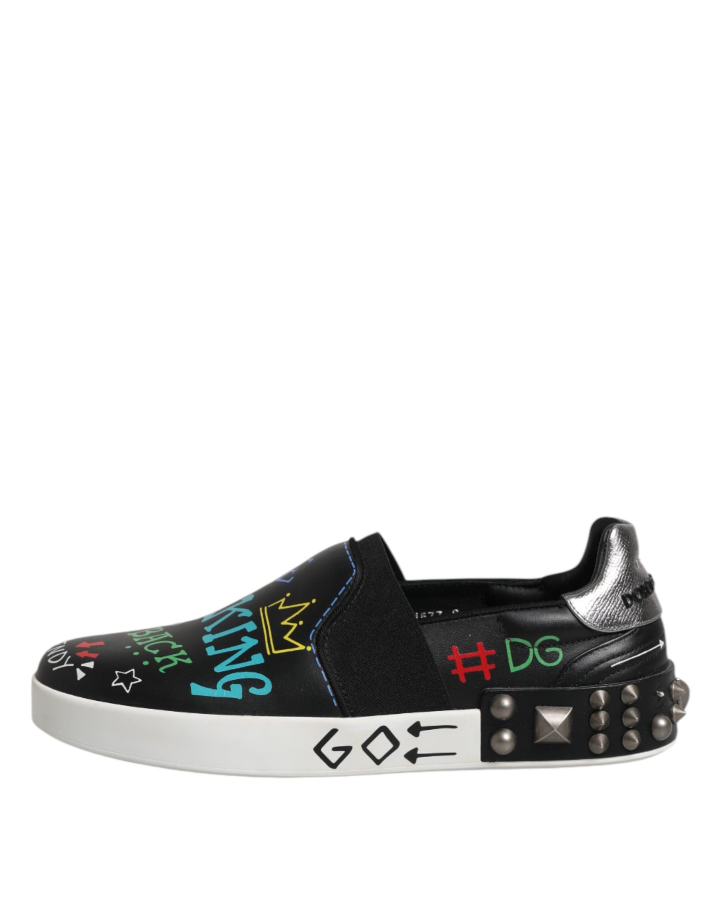 Dolce &amp; Gabbana Black Leather Studded Graffiti Sneakers Shoes